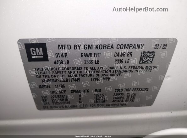 KL4MMGSL3LB117449 2020 BUICK ENCORE White Widok komory silnika