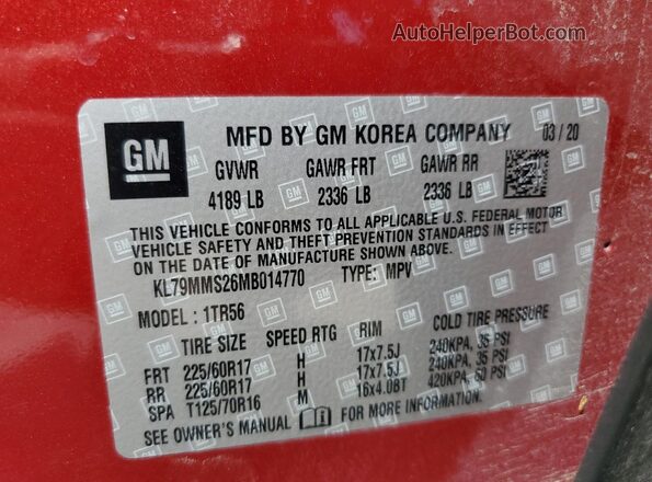 KL79MMS26MB014770 2021 CHEVROLET TRAILBLAZER Red Вид наклейки з VIN-кодом
