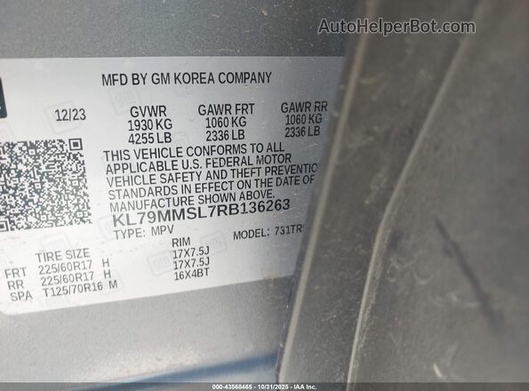 KL79MMSL7RB136263 2024 CHEVROLET TRAILBLAZER Gray Вид підкапотного простору