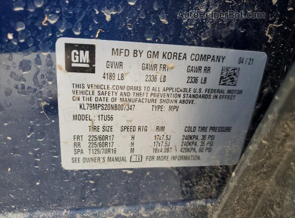 KL79MPS20NB007347 2022 CHEVROLET TRAILBLAZER Blue Vista de la etiqueta del VIN