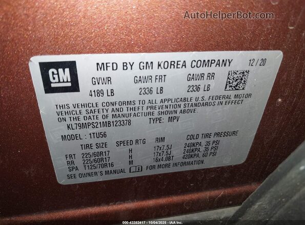 KL79MPS21MB123378 2021 CHEVROLET TRAILBLAZER Brown Engine compartment view
