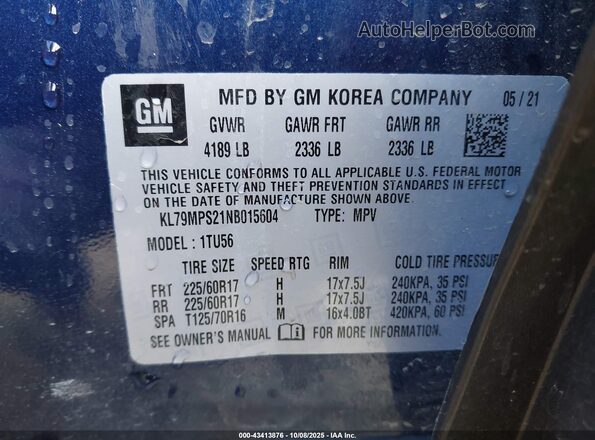 KL79MPS21NB015604 2022 CHEVROLET TRAILBLAZER Blue Vista del compartimento del motor