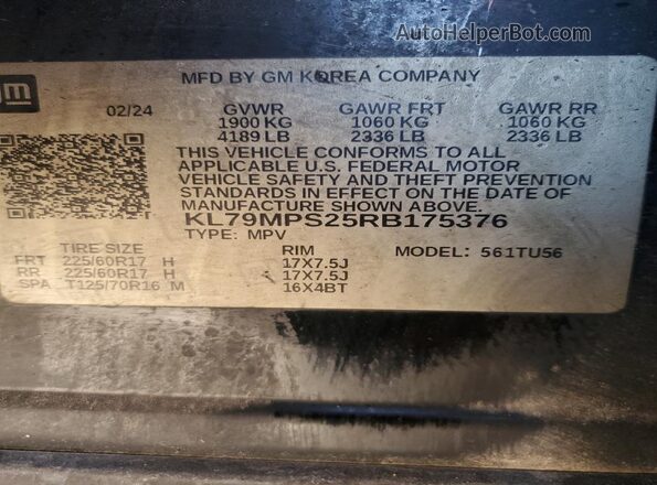 KL79MPS25RB175376 2024 CHEVROLET TRAILBLAZER Black Вид наклейки з VIN-кодом