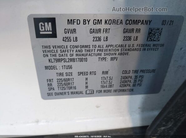 KL79MPSL2MB170010 2021 CHEVROLET TRAILBLAZER White ძრავის განყოფილების ხედი