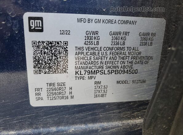 KL79MPSL5PB094500 2023 CHEVROLET TRAILBLAZER Blue Widok naklejki z numerem VIN