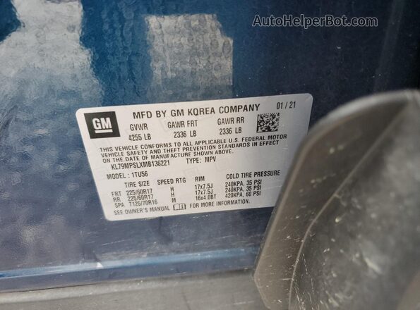 KL79MPSLXMB136221 2021 CHEVROLET TRAILBLAZER Blue 
