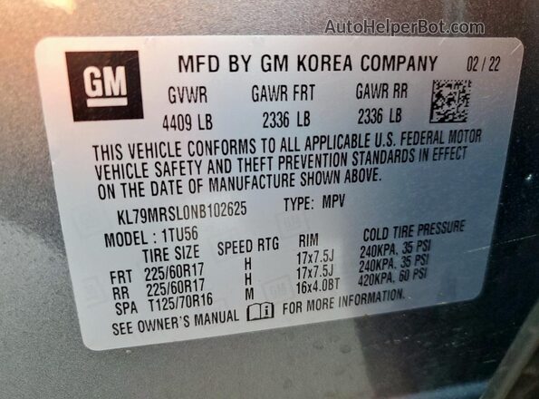 KL79MRSL0NB102625 2022 CHEVROLET TRAILBLAZER Gray VIN կոդի պիտակի տեսք