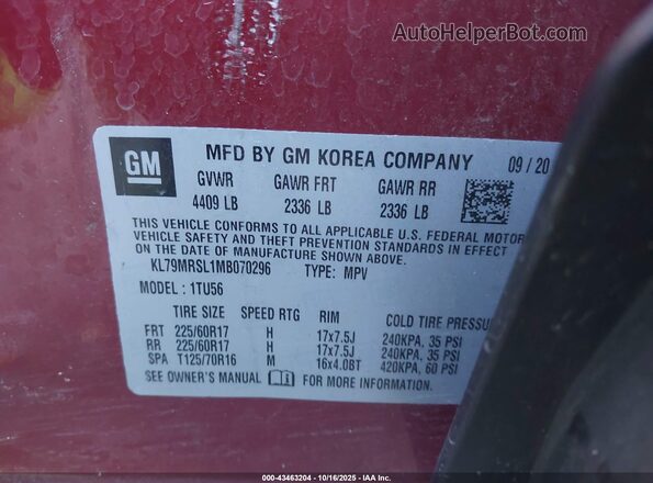 KL79MRSL1MB070296 2021 CHEVROLET TRAILBLAZER Red ძრავის განყოფილების ხედი