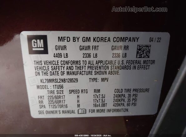 KL79MRSL2NB128529 2022 CHEVROLET TRAILBLAZER Red Widok komory silnika