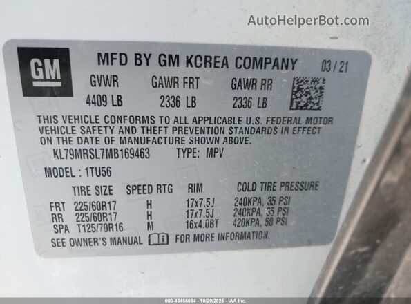KL79MRSL7MB169463 2021 CHEVROLET TRAILBLAZER White ძრავის განყოფილების ხედი