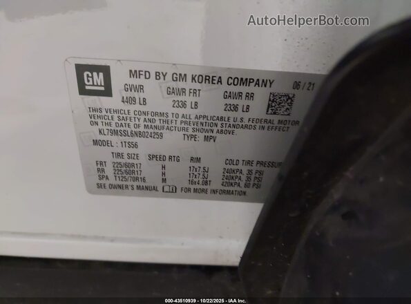 KL79MSSL6NB024259 2022 CHEVROLET TRAILBLAZER White Вид підкапотного простору