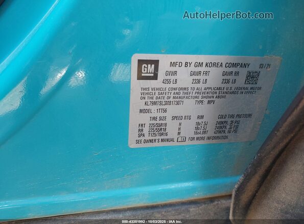 KL79MTSL3MB173071 2021 CHEVROLET TRAILBLAZER Turquoise ძრავის განყოფილების ხედი