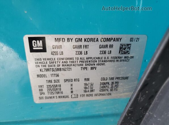 KL79MTSL5MB162721 2021 CHEVROLET TRAILBLAZER Turquoise VIN կոդի պիտակի տեսք
