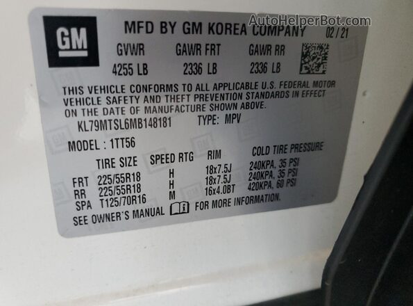 KL79MTSL6MB148181 2021 CHEVROLET TRAILBLAZER Белый 