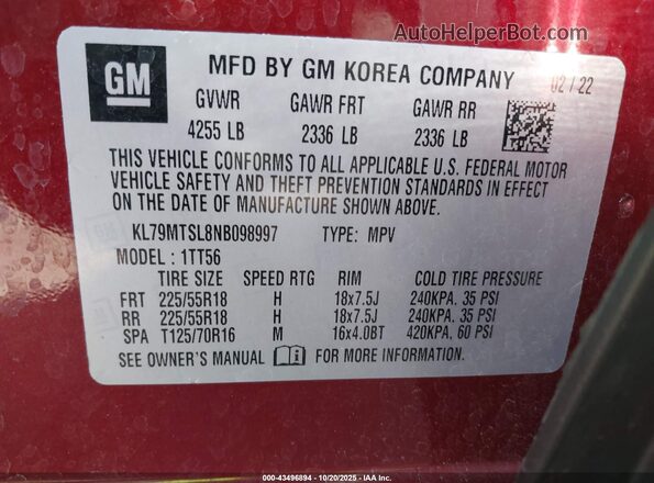 KL79MTSL8NB098997 2022 CHEVROLET TRAILBLAZER Red Widok komory silnika