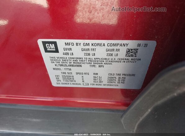 KL79MUSL4MB049896 2021 CHEVROLET TRAILBLAZER Red Vista del compartimento del motor