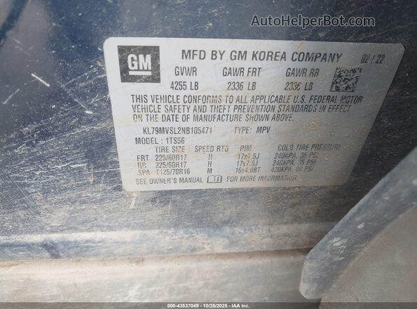 KL79MVSL2NB105471 2022 CHEVROLET TRAILBLAZER Blue Widok komory silnika
