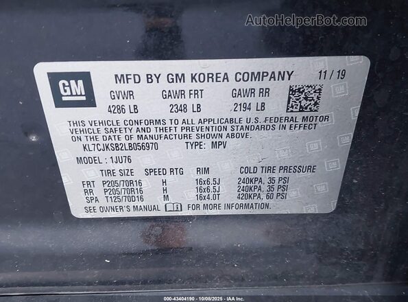 KL7CJKSB2LB056970 2020 CHEVROLET TRAX Black Vista del compartimento del motor