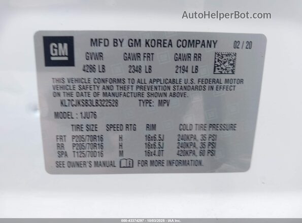 KL7CJKSB3LB322528 2020 CHEVROLET TRAX Белый Вид подкапотного пространства
