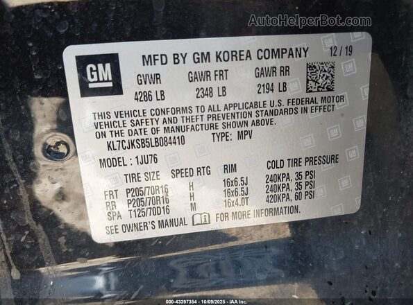 KL7CJKSB5LB084410 2020 CHEVROLET TRAX Black Widok komory silnika