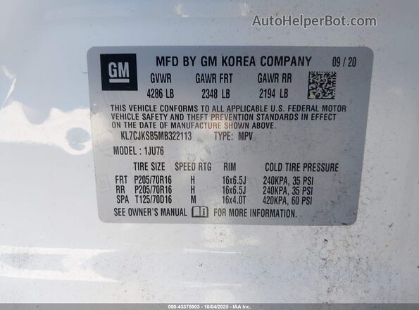 KL7CJKSB5MB322113 2021 CHEVROLET TRAX White Widok komory silnika