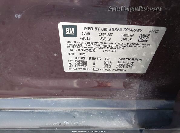 KL7CJKSB8MB308206 2021 CHEVROLET TRAX Purple ძრავის განყოფილების ხედი
