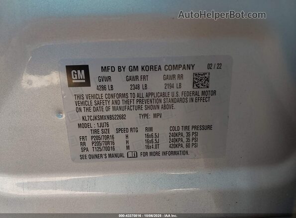 KL7CJKSMXNB522682 2022 CHEVROLET TRAX Серебряный Вид подкапотного пространства