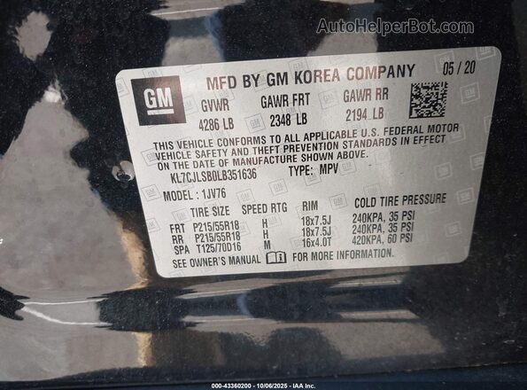 KL7CJLSB0LB351636 2020 CHEVROLET TRAX Black Engine compartment view