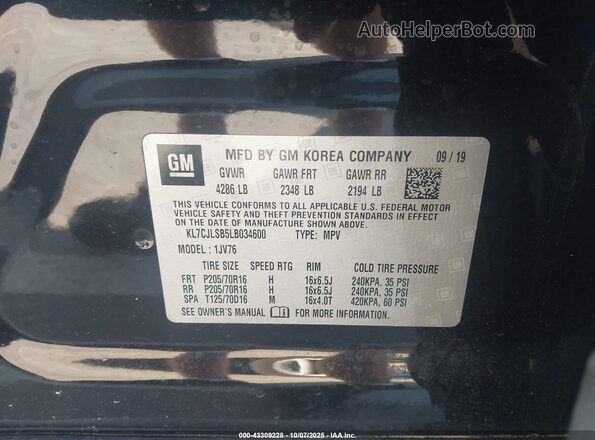 KL7CJLSB5LB034600 2020 CHEVROLET TRAX Black Вид підкапотного простору