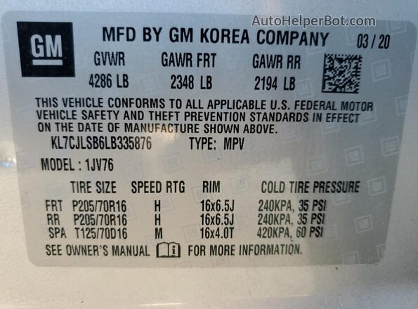 KL7CJLSB6LB335876 2020 CHEVROLET TRAX Silver Vista de la etiqueta del VIN