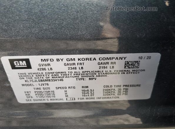 KL7CJLSB6MB334146 2021 CHEVROLET TRAX Gray Вид наклейки з VIN-кодом
