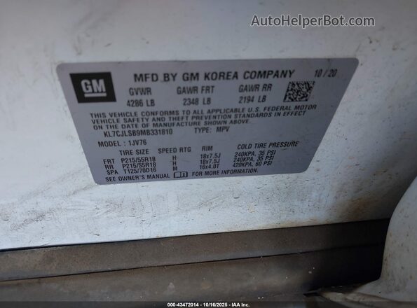 KL7CJLSB9MB331810 2021 CHEVROLET TRAX White ძრავის განყოფილების ხედი