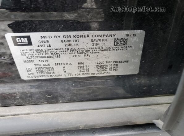 KL7CJPSB0LB047486 2020 CHEVROLET TRAX Black Vista de la etiqueta del VIN