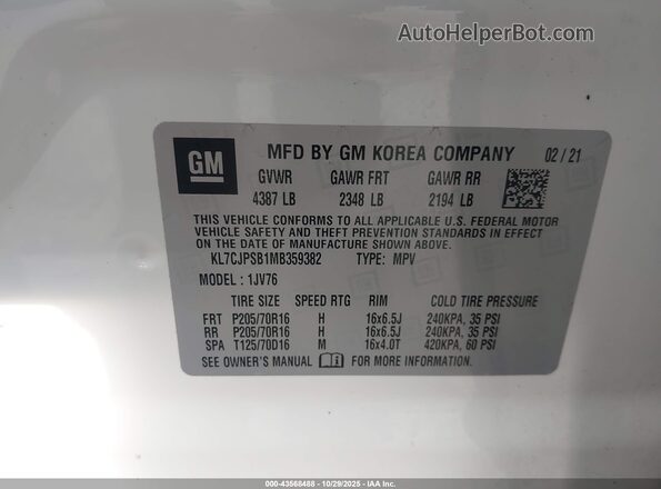 KL7CJPSB1MB359382 2021 CHEVROLET TRAX Белый Вид подкапотного пространства