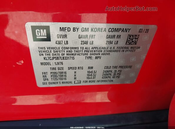 KL7CJPSB7LB331715 2020 CHEVROLET TRAX Red Vista del compartimento del motor