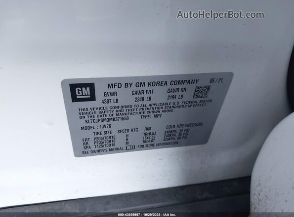 KL7CJPSM3MB371650 2021 CHEVROLET TRAX Белый Вид подкапотного пространства