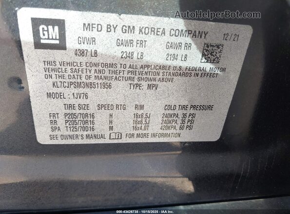 KL7CJPSM3NB511956 2022 CHEVROLET TRAX Черный Вид подкапотного пространства