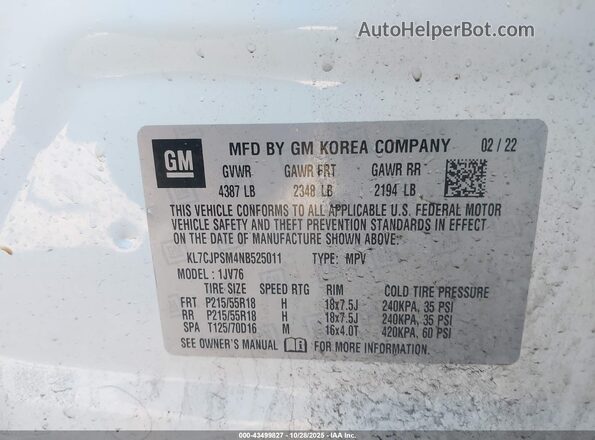 KL7CJPSM4NB525011 2022 CHEVROLET TRAX White Widok komory silnika