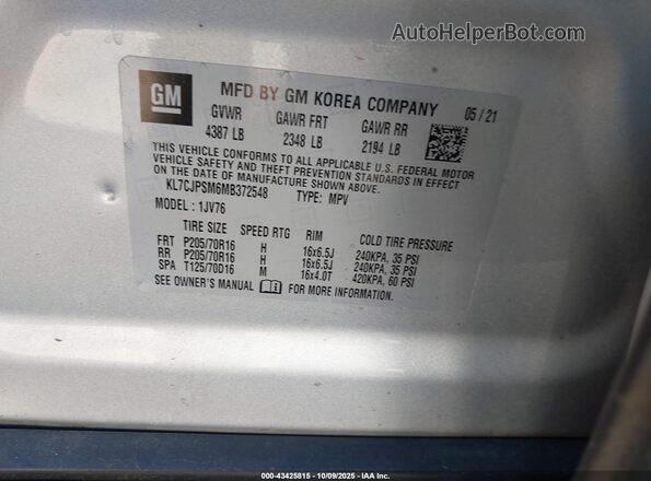 KL7CJPSM6MB372548 2021 CHEVROLET TRAX Silver 