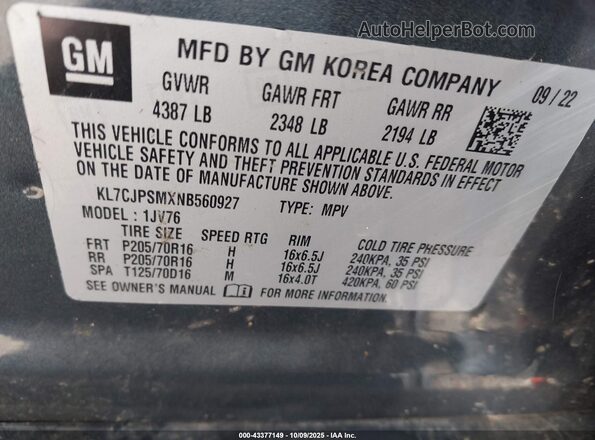 KL7CJPSMXNB560927 2022 CHEVROLET TRAX Синий Вид подкапотного пространства