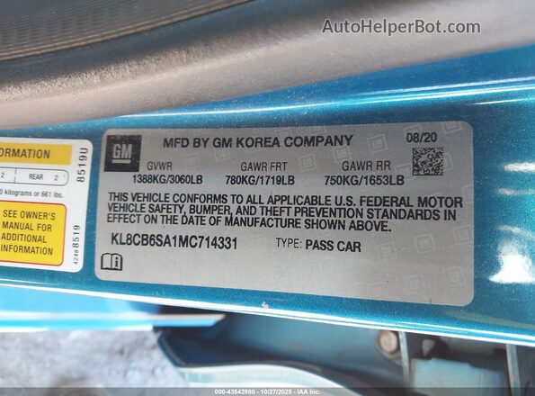 KL8CB6SA1MC714331 2021 CHEVROLET SPARK Синий Вид подкапотного пространства