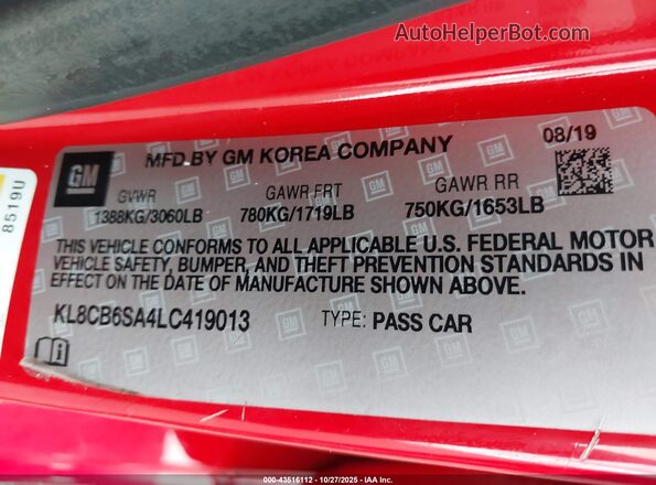 KL8CB6SA4LC419013 2020 CHEVROLET SPARK Red Widok komory silnika