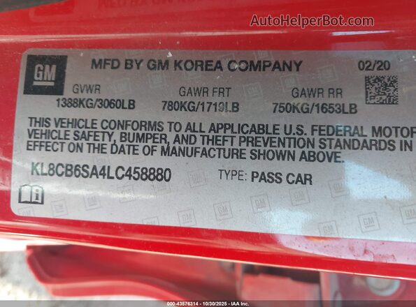KL8CB6SA4LC458880 2020 CHEVROLET SPARK Red Engine compartment view