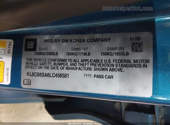 KL8CB6SA6LC456581 2020 CHEVROLET SPARK Blue Vista del compartimento del motor