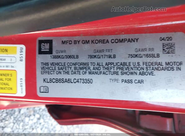 KL8CB6SA6LC473350 2020 CHEVROLET SPARK Red ძრავის განყოფილების ხედი