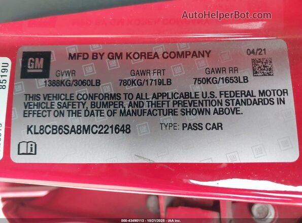 KL8CB6SA8MC221648 2021 CHEVROLET SPARK Красный Вид подкапотного пространства
