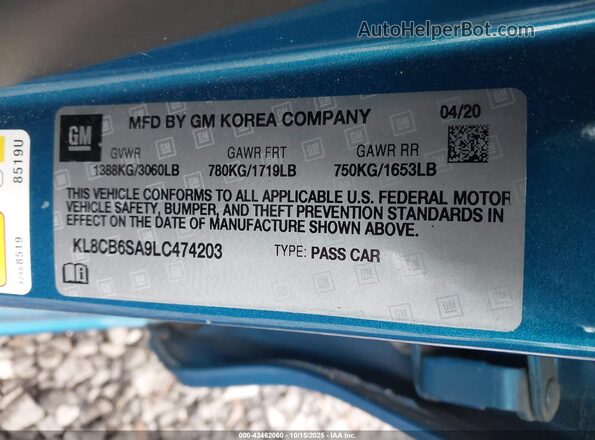 KL8CB6SA9LC474203 2020 CHEVROLET SPARK Teal Engine compartment view