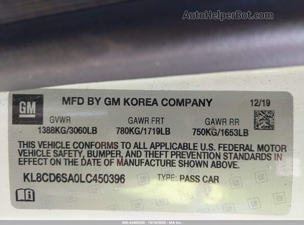 KL8CD6SA0LC450396 2020 CHEVROLET SPARK White Engine compartment view