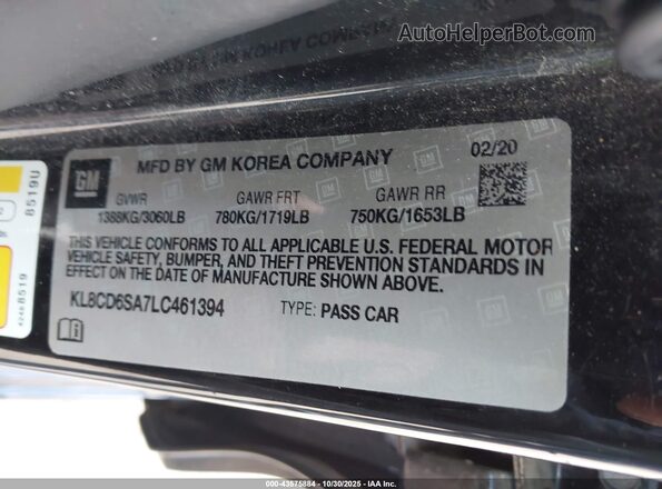 KL8CD6SA7LC461394 2020 CHEVROLET SPARK Black ძრავის განყოფილების ხედი