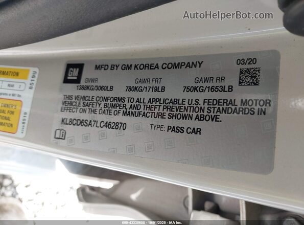 KL8CD6SA7LC462870 2020 CHEVROLET SPARK Cream Вид підкапотного простору